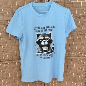 NWOT Light Blue Graphic T-Shirt with Raccoon Print
